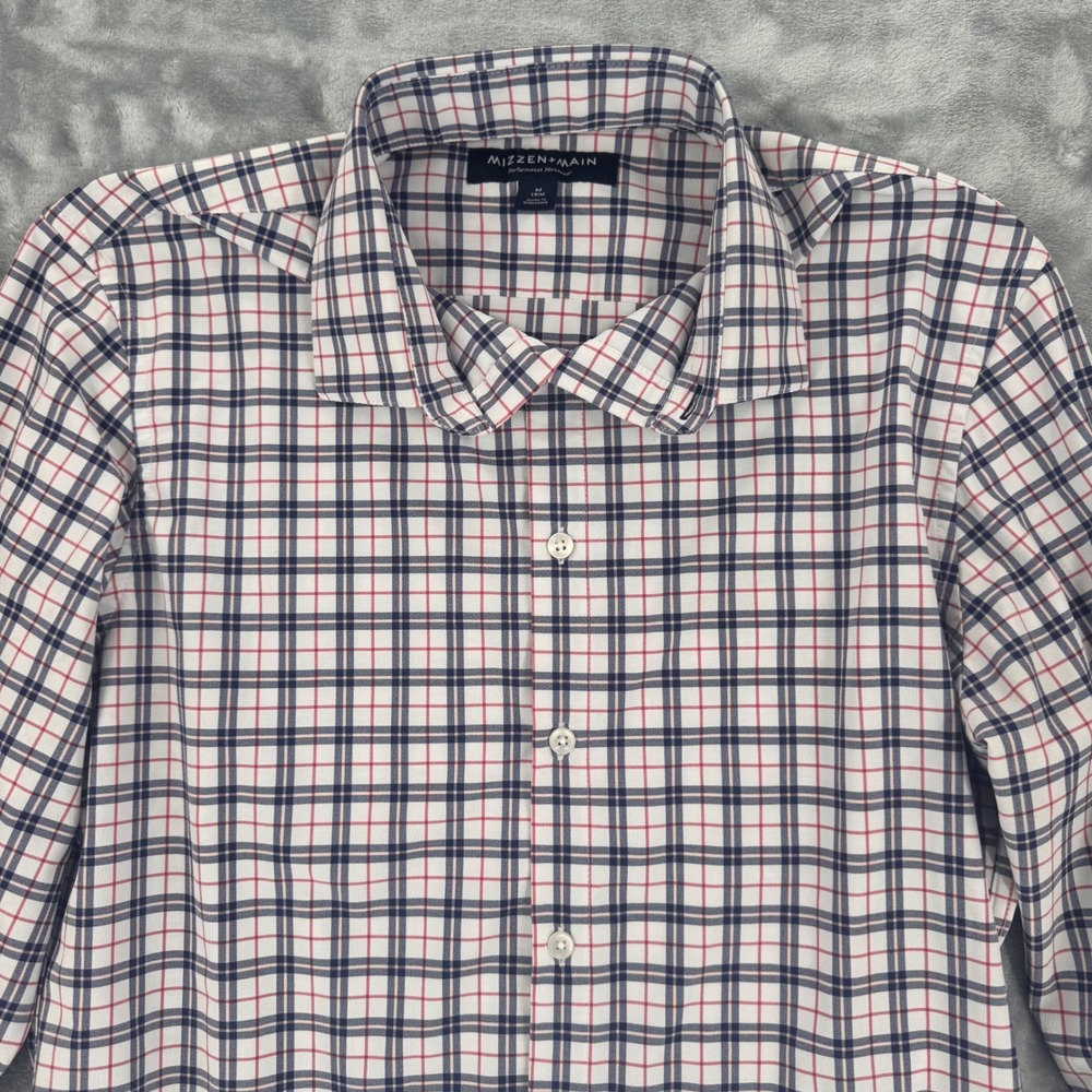 Mizzen+Main Mens Medium Trim Fit Performance Dress Shirt Plaid Blue Red White